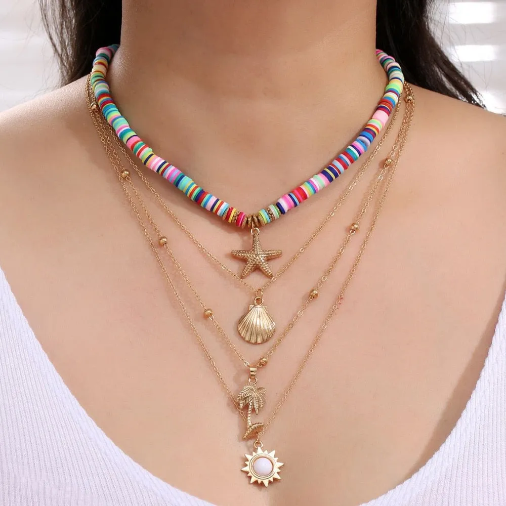 Fashion Bohemia Soft Clay Shell Star Sun Pendant Chain Layered Necklace for Women Girls Summer Beach Simple Layered Necklace