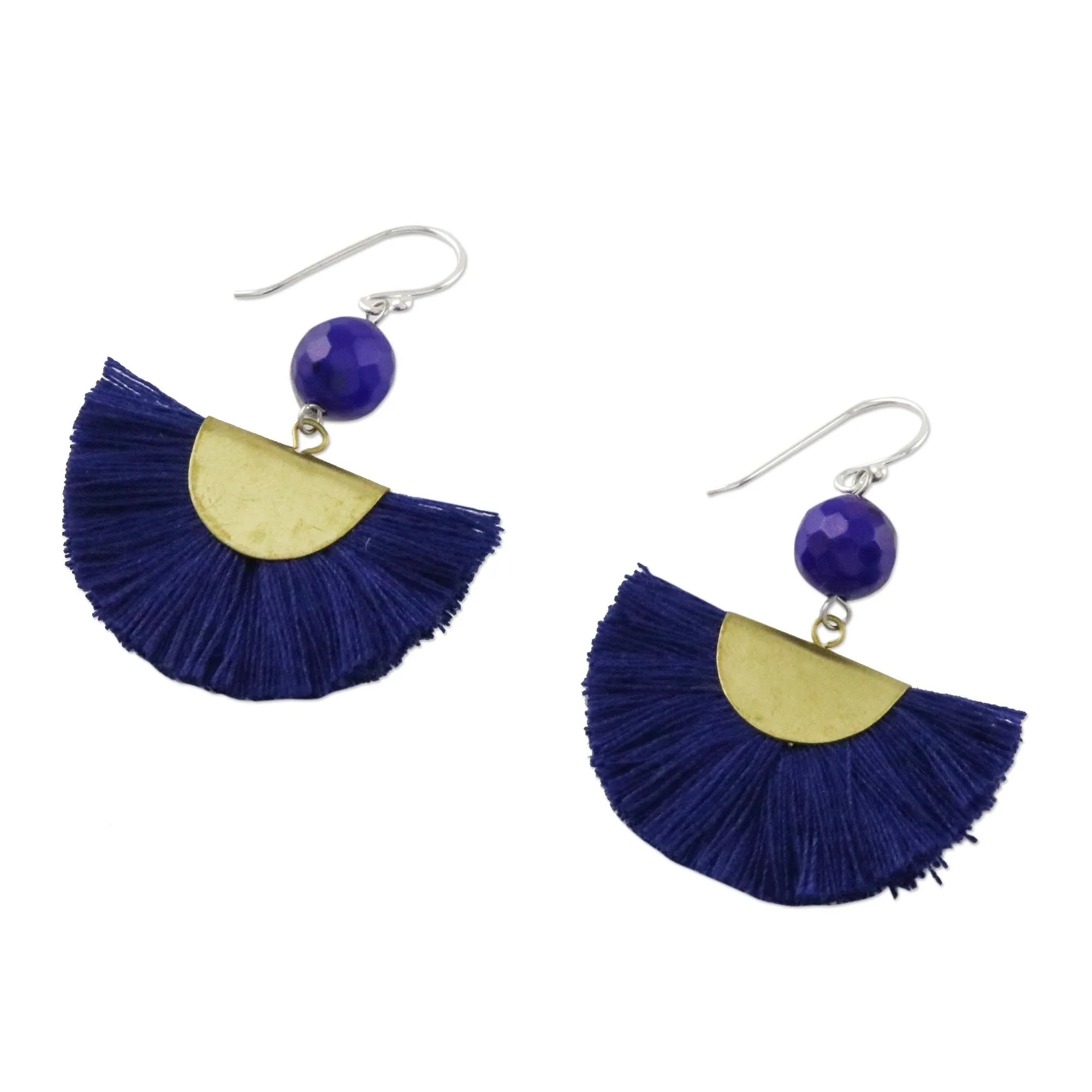 Festival in Ultramarine Quartz and Brass Bead Dangle Earrings with Cotton Fringe