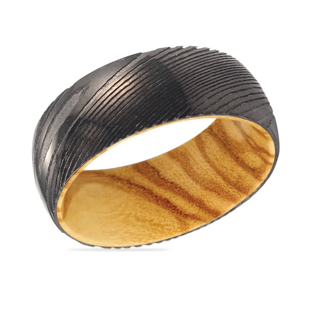 FOXTAIL | Olive Wood, Gunmetal Damascus Steel Ring, Domed