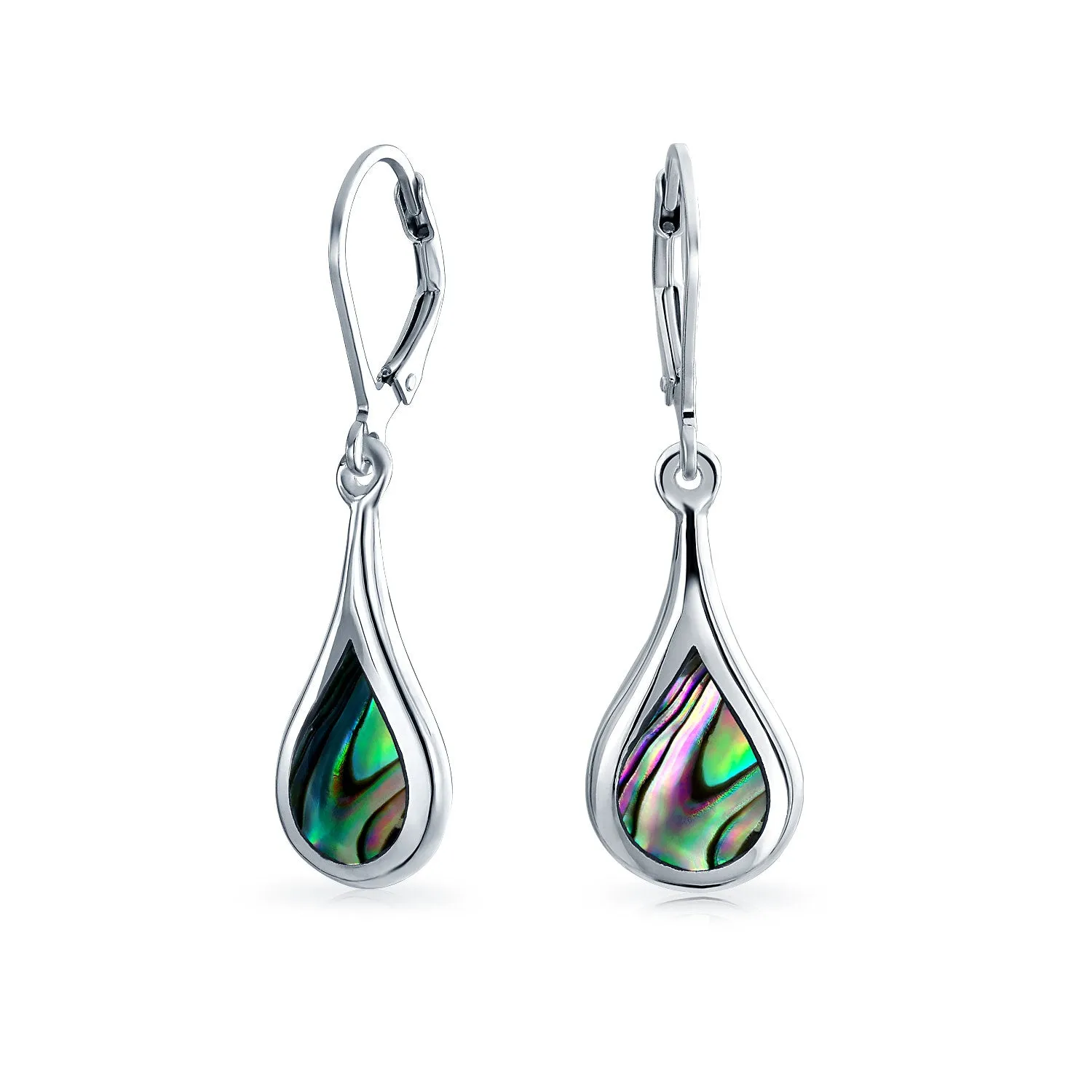 Geometric Iridescent Abalone Shell Teardrop Dangle Earrings Sterling Silver