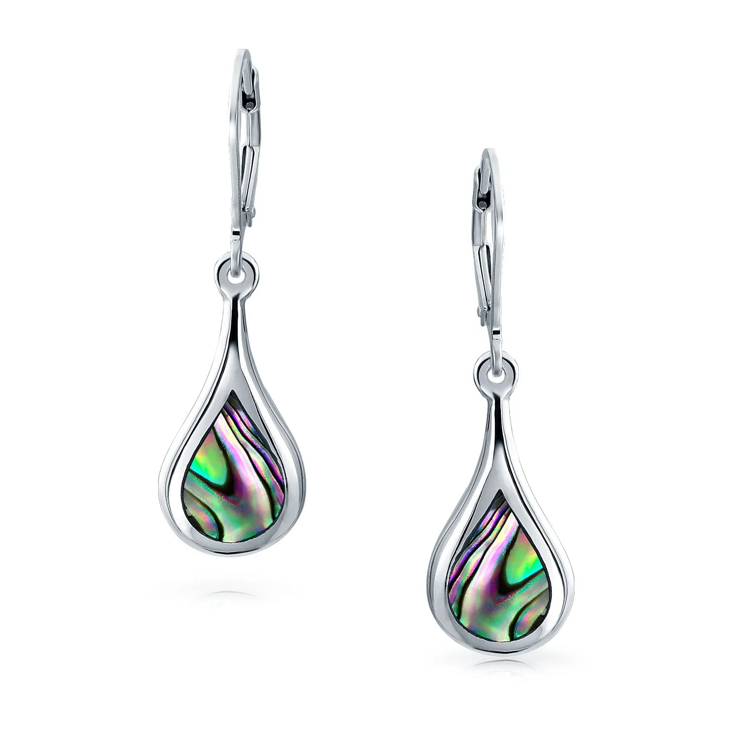 Geometric Iridescent Abalone Shell Teardrop Dangle Earrings Sterling Silver