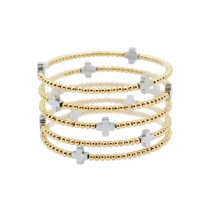 Gold 2mm Beaded with Silver Cross Set of 5 Stretch Bracelets