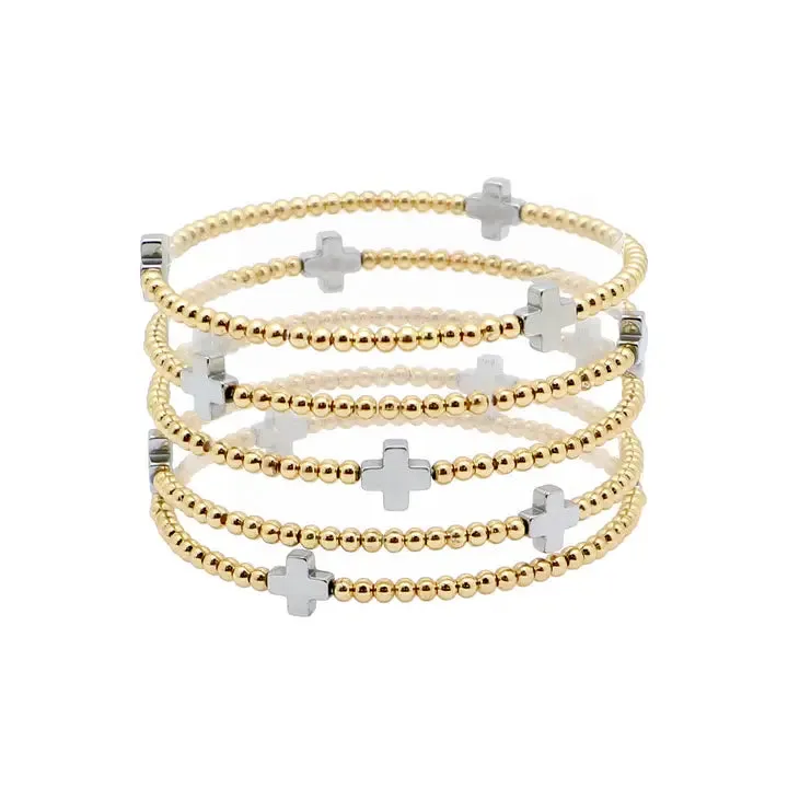 Gold 2mm Beaded with Silver Cross Set of 5 Stretch Bracelets