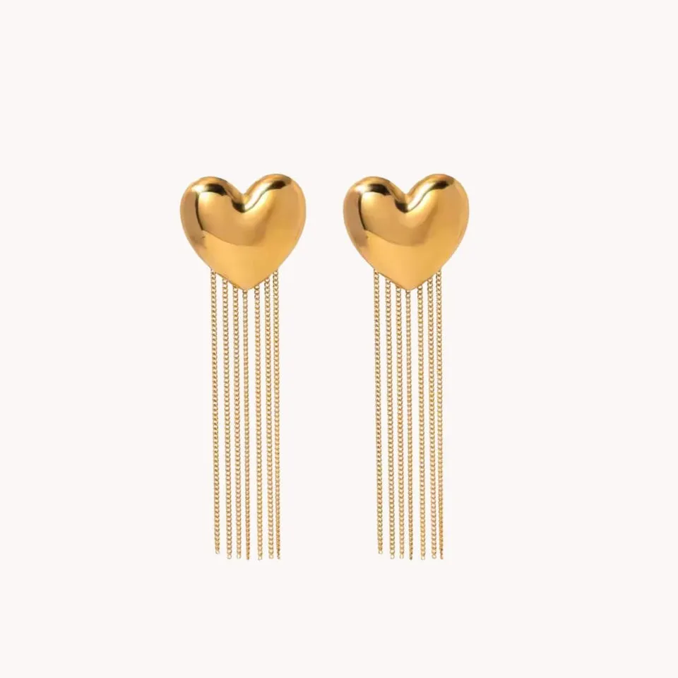 Gold Heart Tassel Earrings