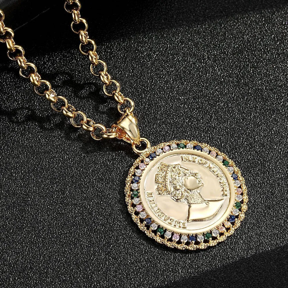 Gold Royal Queen Coin Pendant with Stones 22 Inch 4mm Belcher Chain