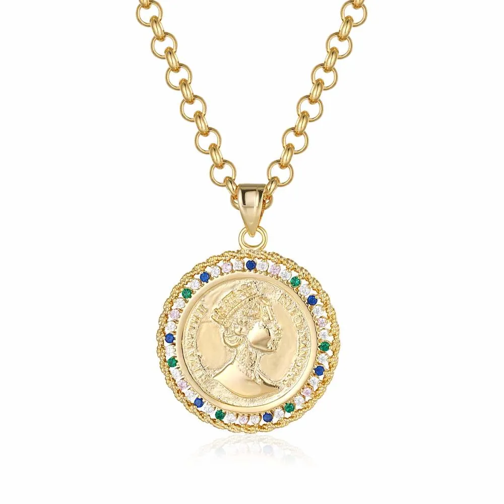 Gold Royal Queen Coin Pendant with Stones 22 Inch 4mm Belcher Chain