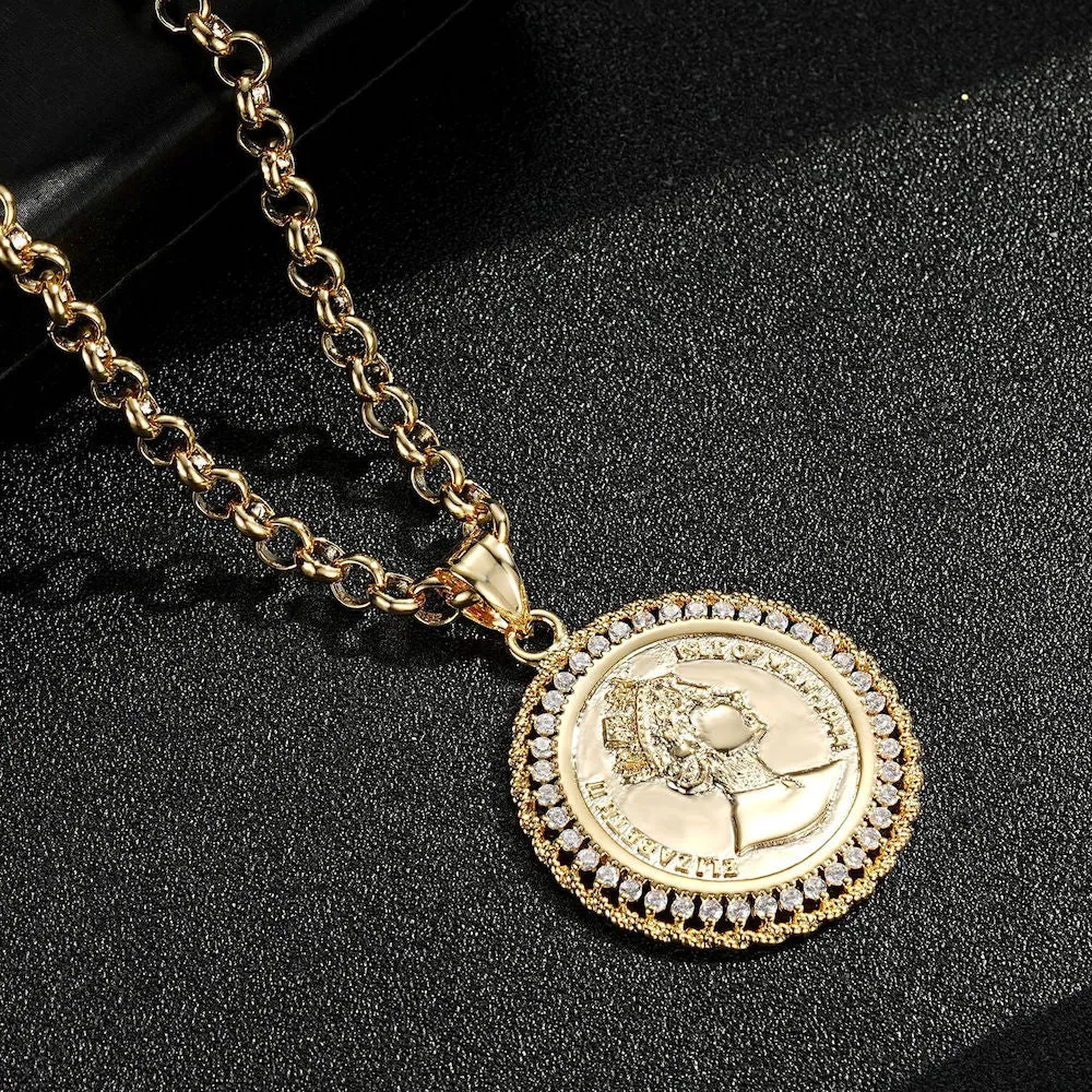 Gold Royal Queen Coin Pendant with Stones 22 Inch 4mm Belcher Chain