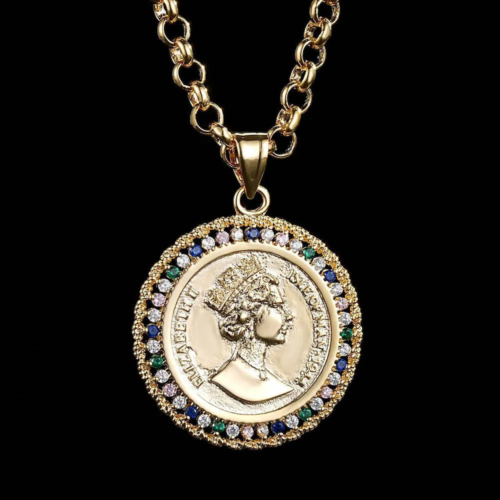 Gold Royal Queen Coin Pendant with Stones 22 Inch 4mm Belcher Chain