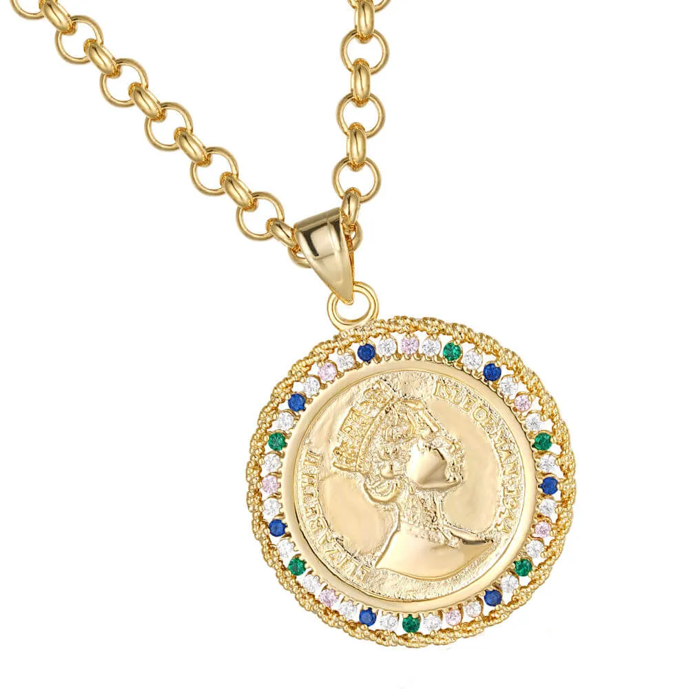 Gold Royal Queen Coin Pendant with Stones 22 Inch 4mm Belcher Chain