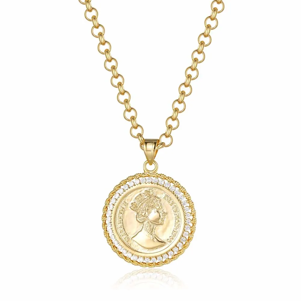 Gold Royal Queen Coin Pendant with Stones 22 Inch 4mm Belcher Chain