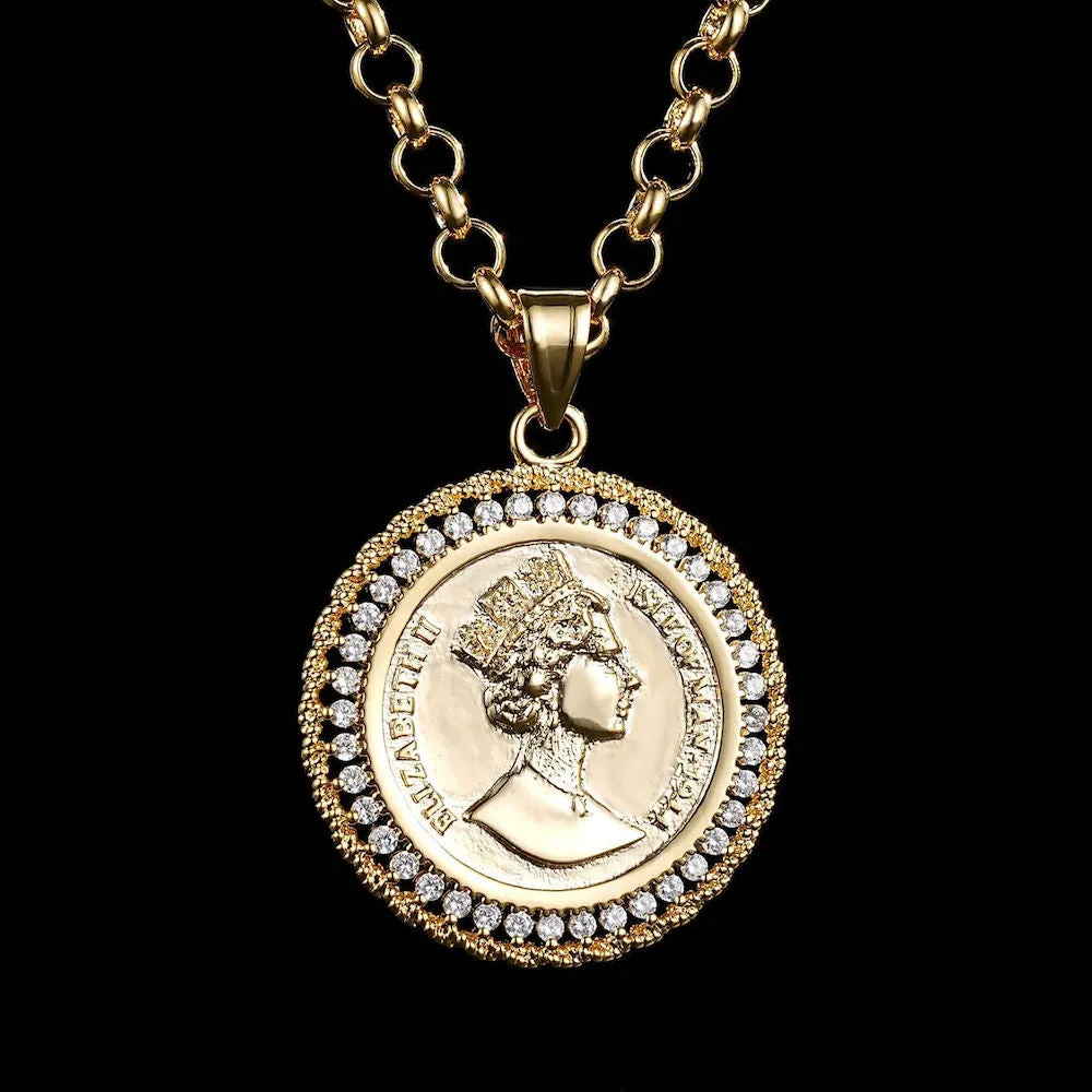 Gold Royal Queen Coin Pendant with Stones 22 Inch 4mm Belcher Chain