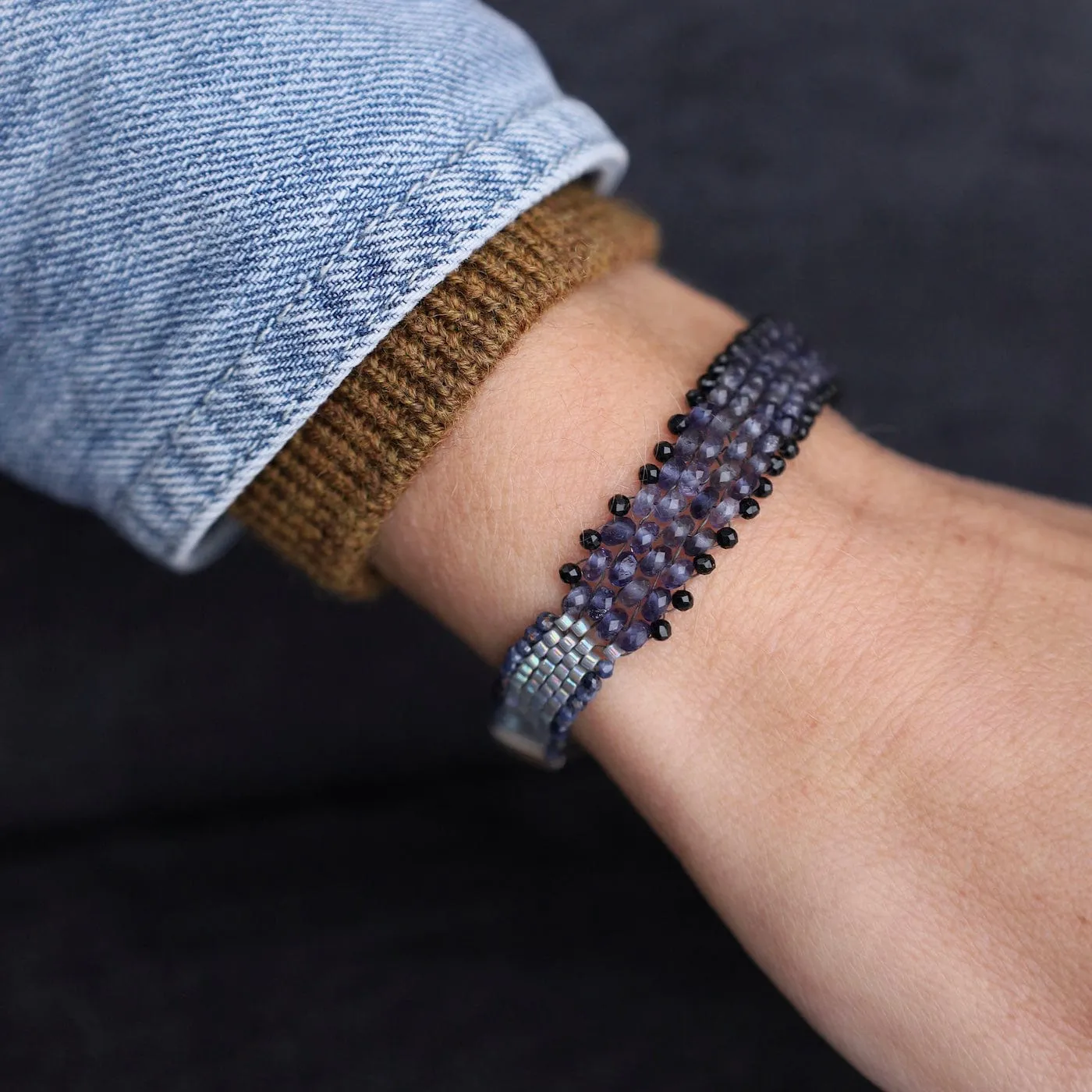 Hand Woven Soft Bracelet of Iolite & Black Spinel