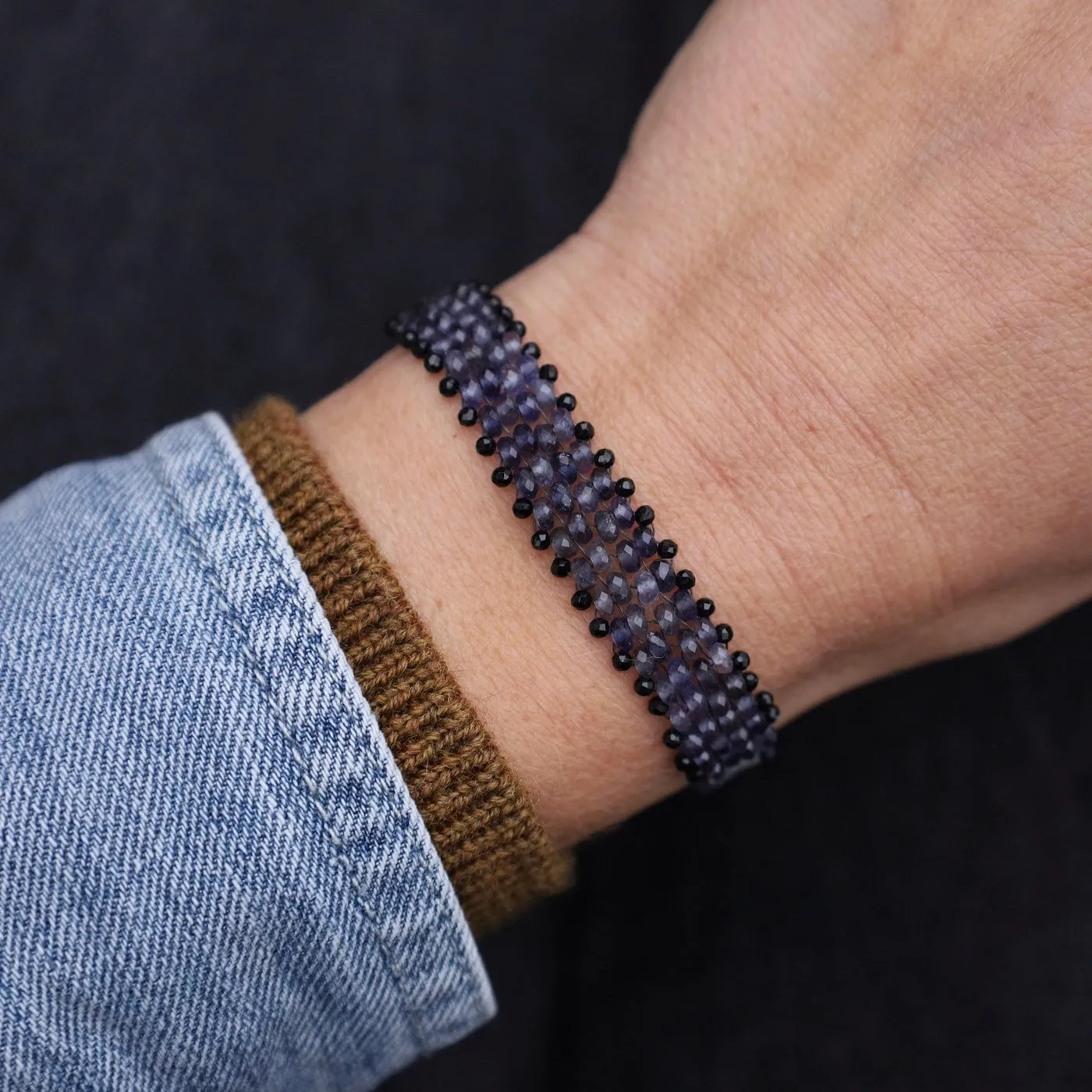 Hand Woven Soft Bracelet of Iolite & Black Spinel