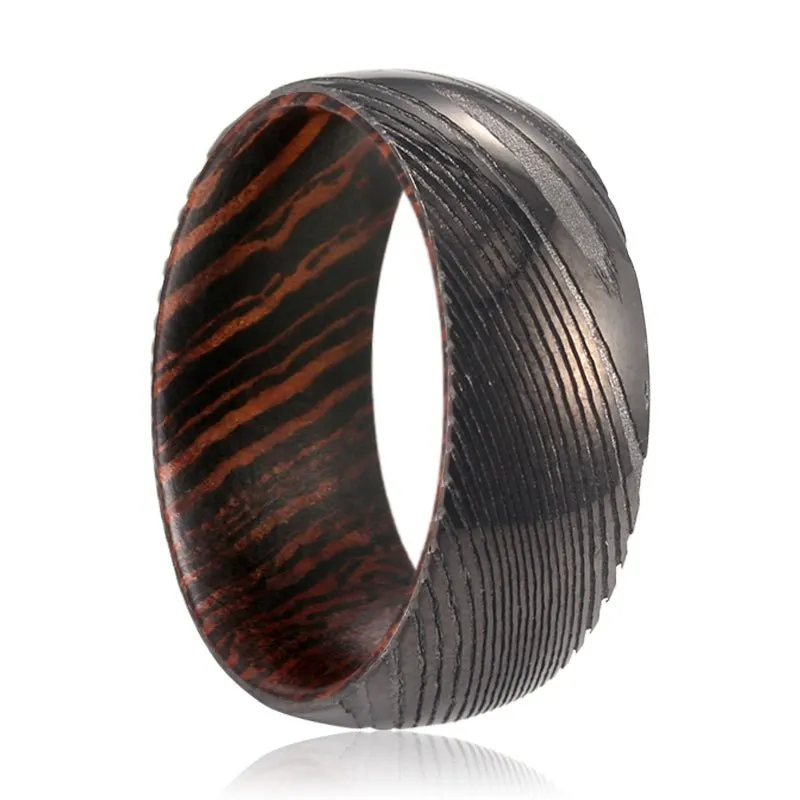 HARVESTER | Wenge Wood, Gunmetal Damascus Steel Ring, Domed