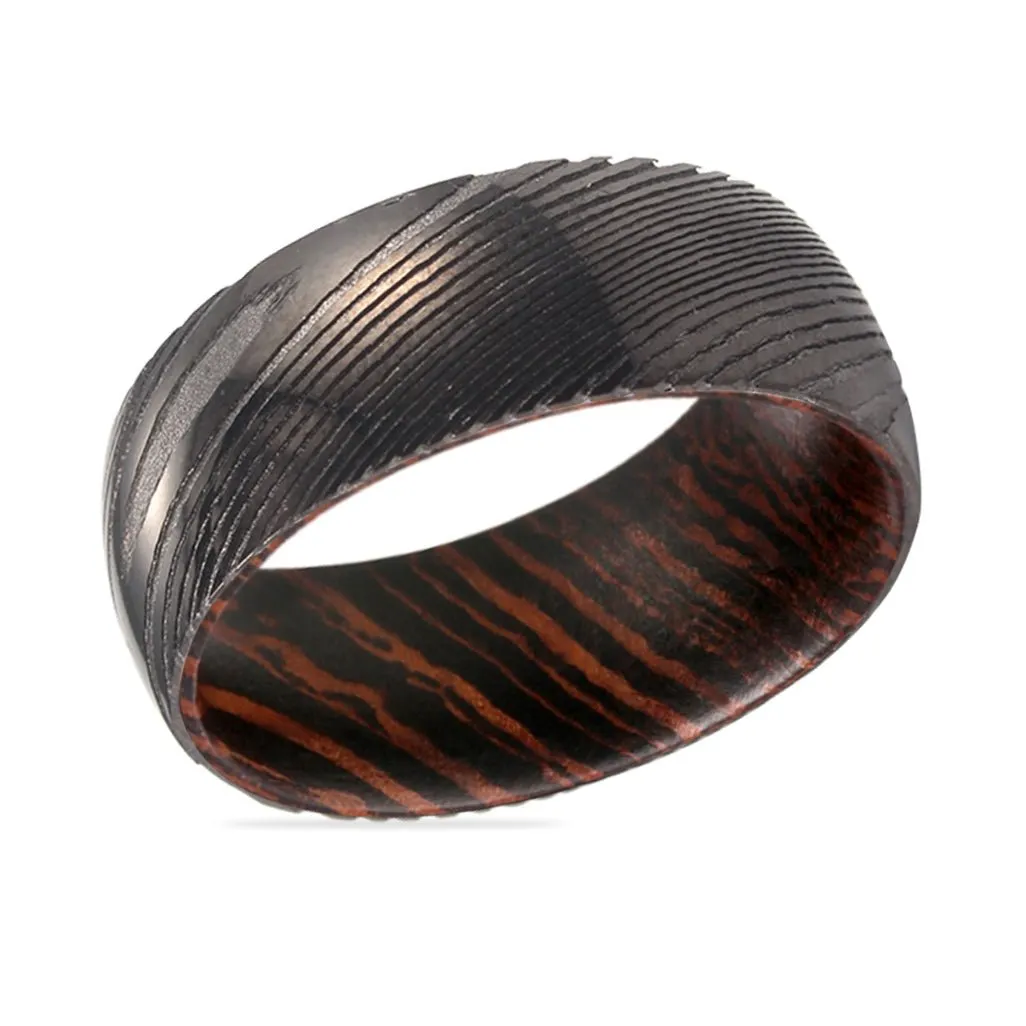 HARVESTER | Wenge Wood, Gunmetal Damascus Steel Ring, Domed