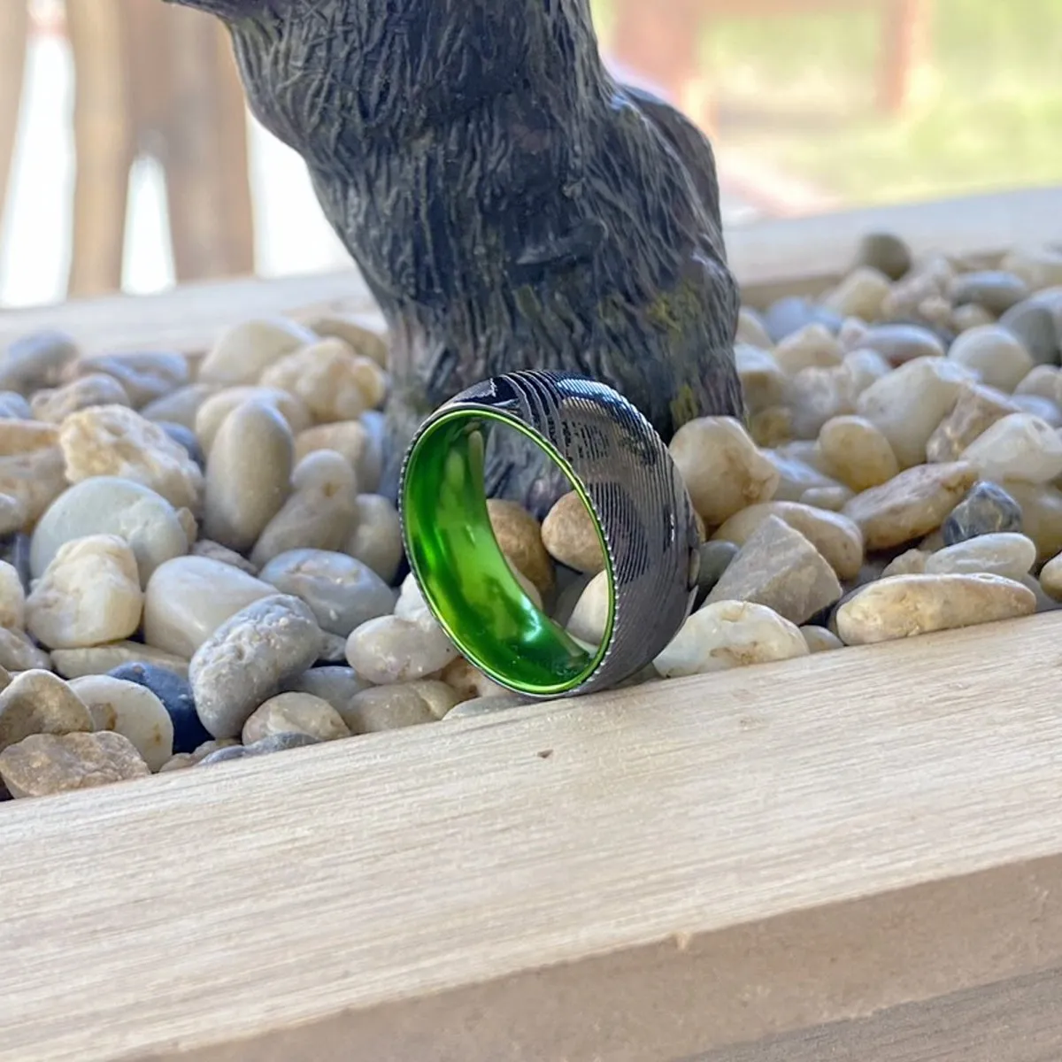 KIWI | Green Ring, Gunmetal Damascus Steel Ring, Domed