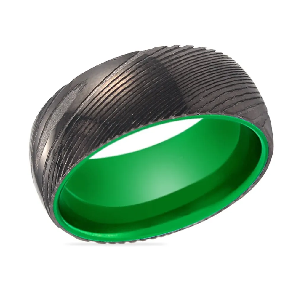 KIWI | Green Ring, Gunmetal Damascus Steel Ring, Domed