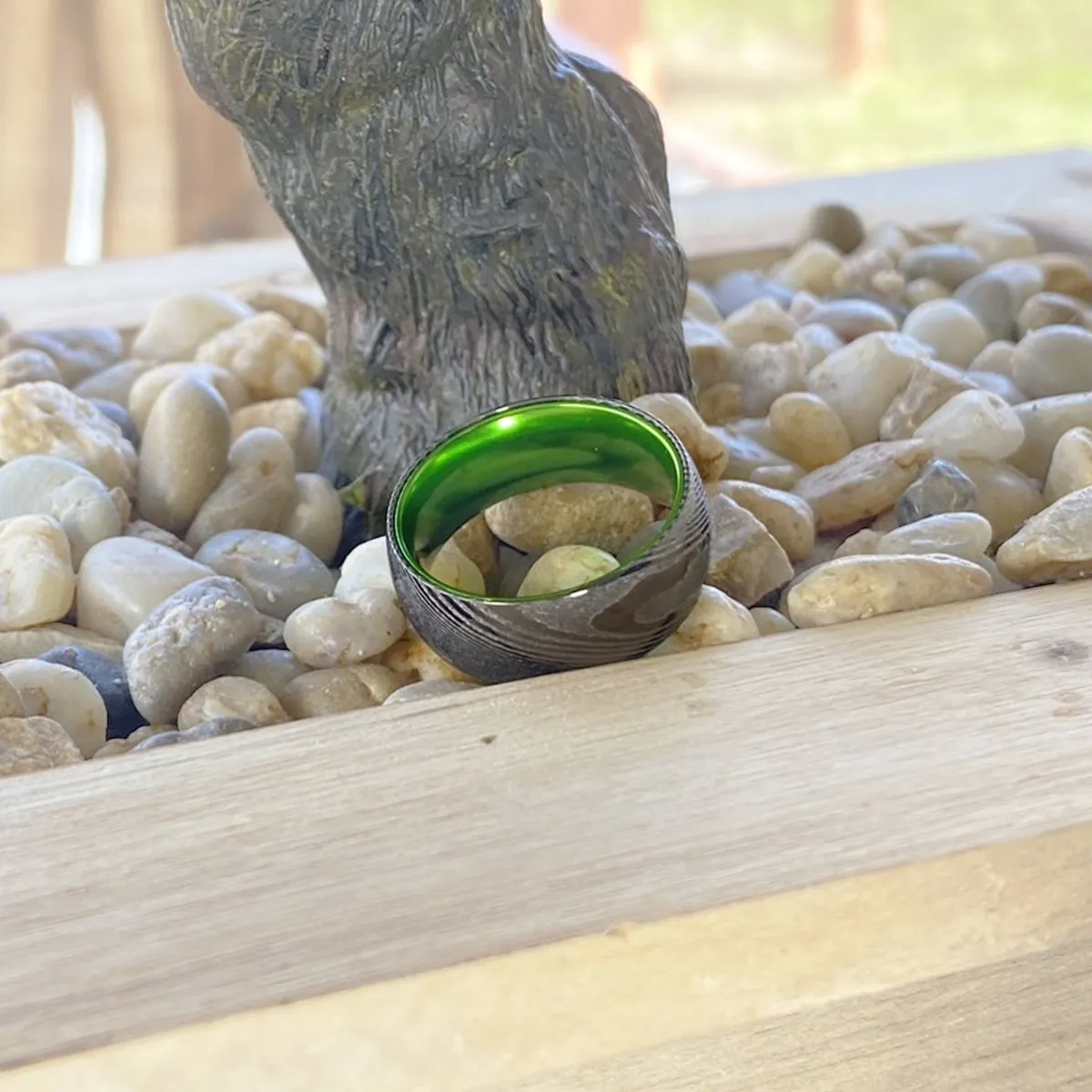 KIWI | Green Ring, Gunmetal Damascus Steel Ring, Domed