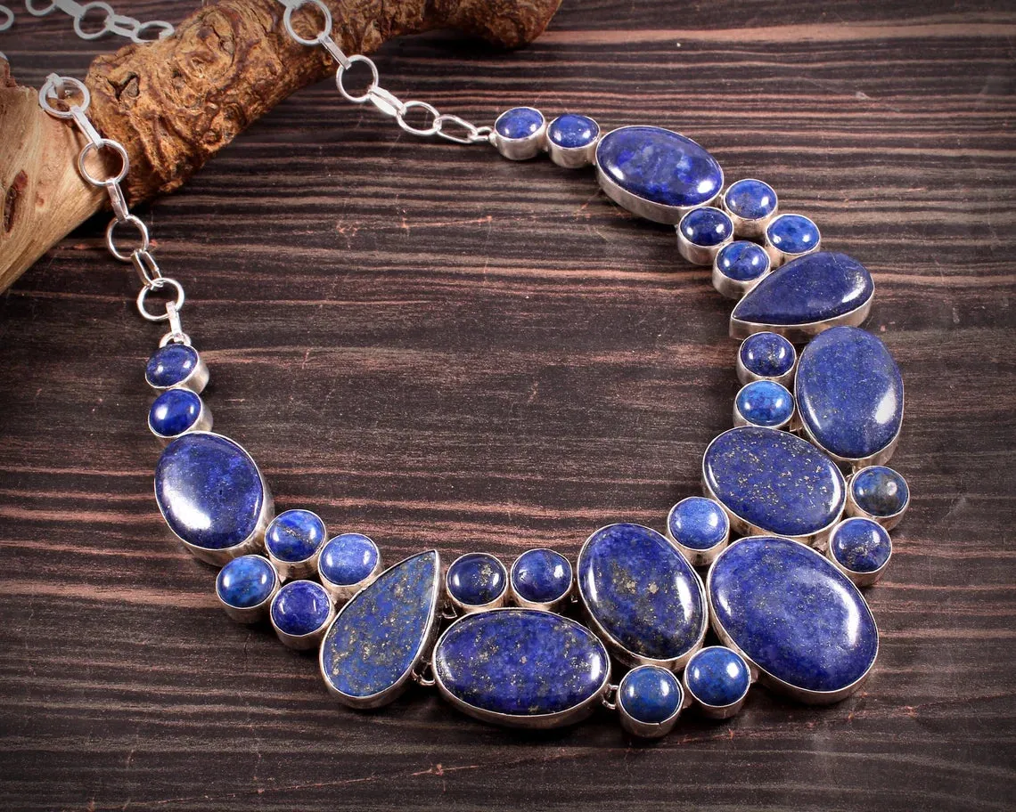 Lapis Lazuli Vintage Bib Necklace For Women - 925 Solid Sterling Silver Wedding Necklace