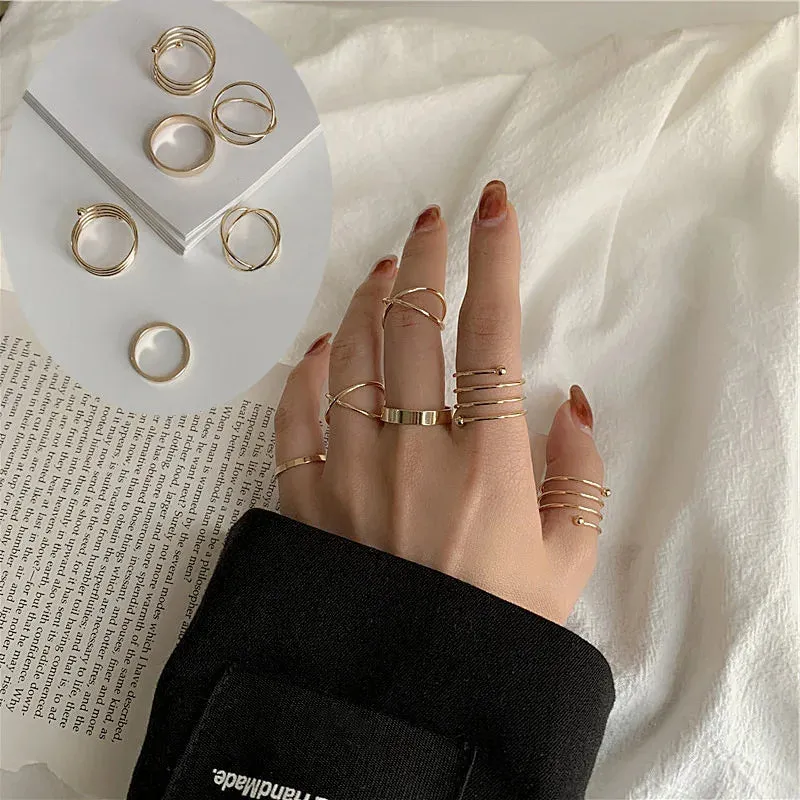 LATS 7pcs Fashion Jewelry Rings Set Hot Selling Metal Hollow Round Opening Women Finger Ring for Girl Lady Party Wedding Gifts