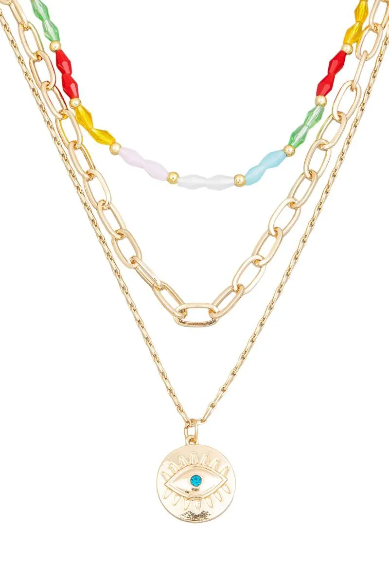 Layered Chain Evil Eye Coin Pendant Colorful Bead Necklace