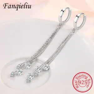 Long Chains Tassels 925 Sterling Silver Drop Earrings