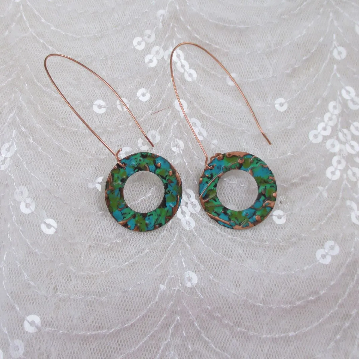 Long Copper Hoop  Earrings Hand Finished Rainbow Patine