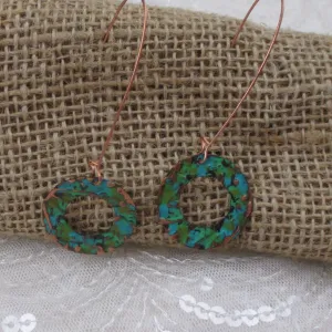 Long Copper Hoop  Earrings Hand Finished Rainbow Patine