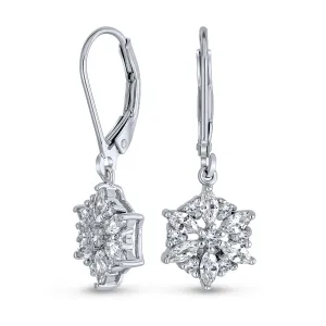 Marquise CZ Snowflake Dangle Chandelier Earrings in Sterling Silver for Winter Party