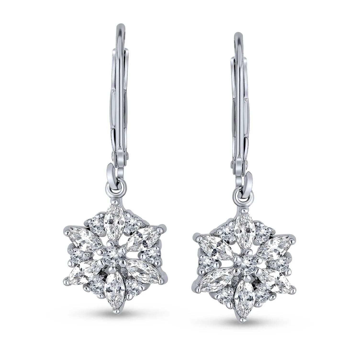 Marquise CZ Snowflake Dangle Chandelier Earrings in Sterling Silver for Winter Party