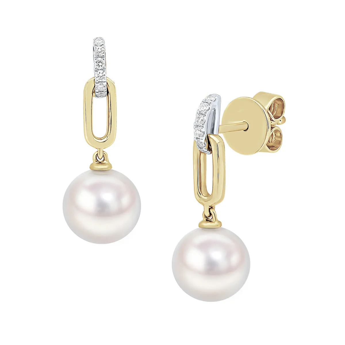 Matt Aminoff 7.5x8MM Akoya Pearl and Diamond Paperclip Drop Earrings | 18K Yellow Gold