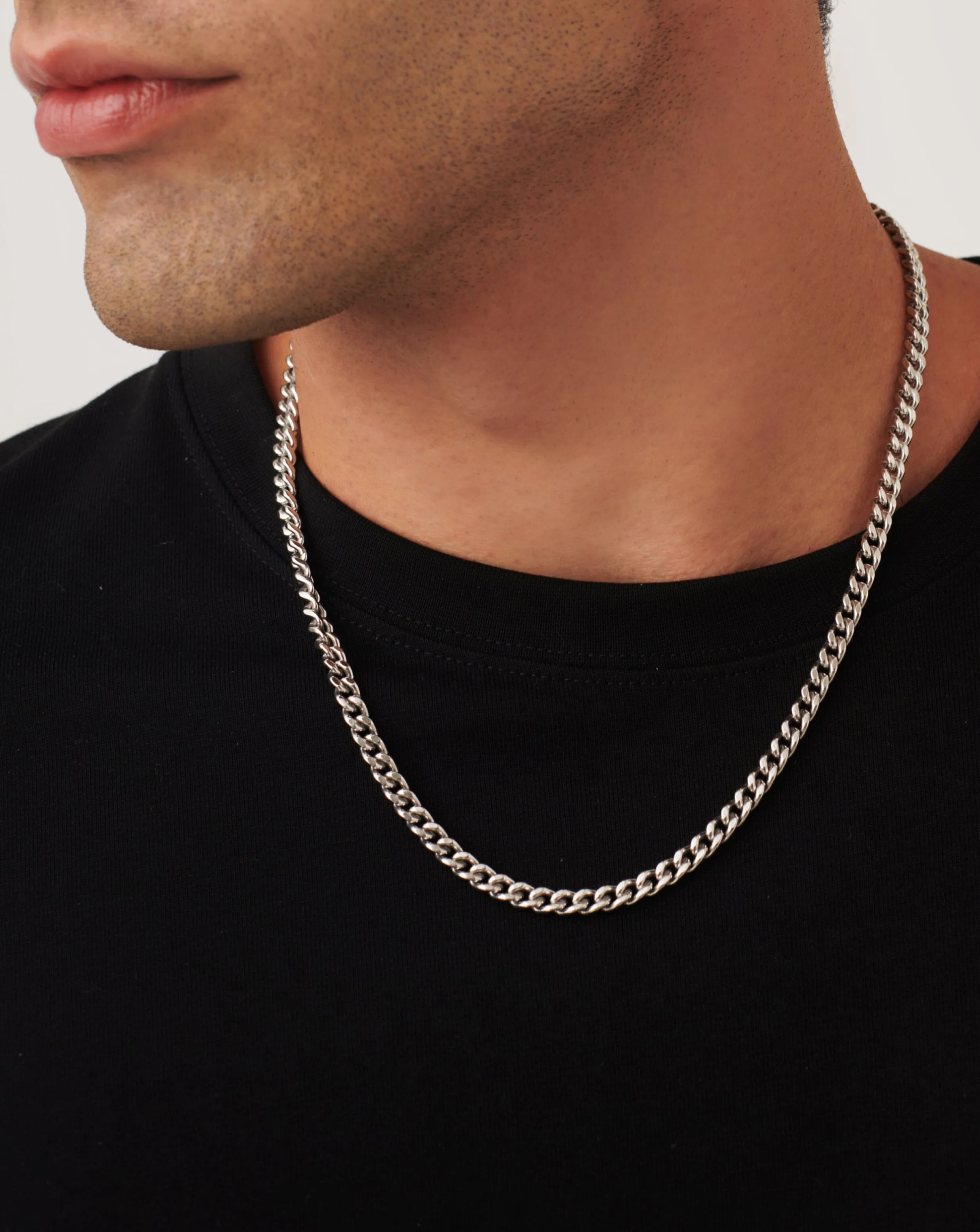 Mens Flat Curb Chain Necklace | Silver Plated