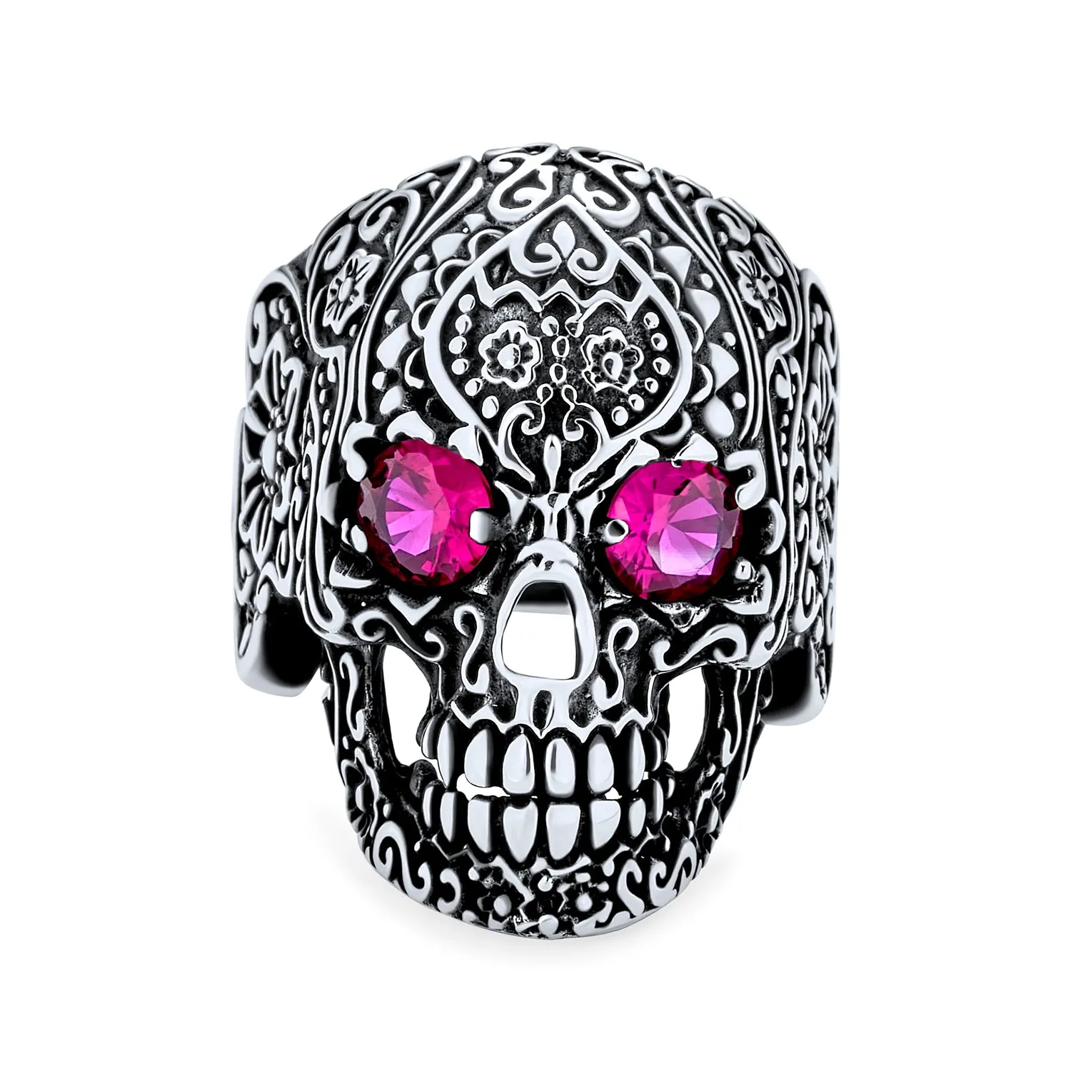 Mens Stainless Steel Punk Rocker Biker Skull Ring with Simulated Red Ruby CZ Eyes