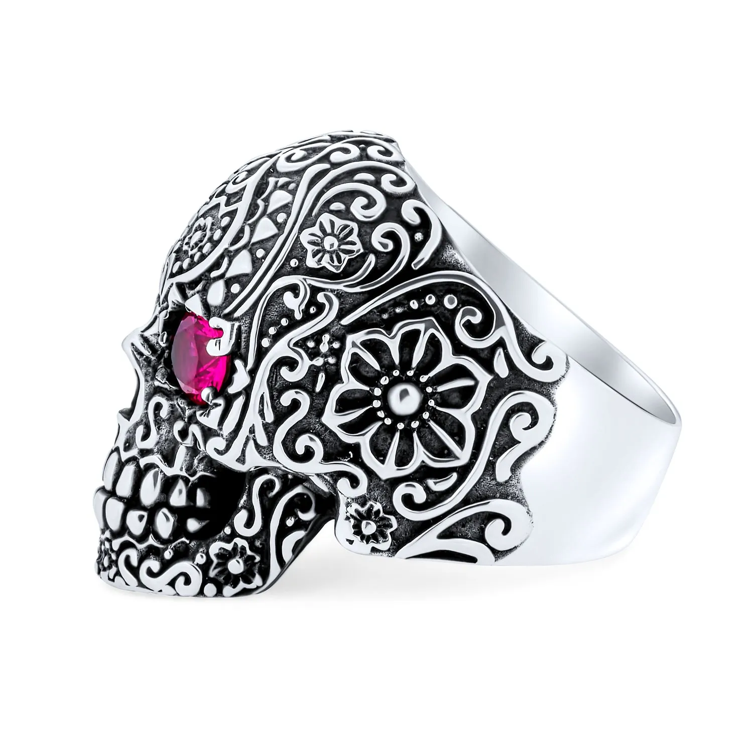 Mens Stainless Steel Punk Rocker Biker Skull Ring with Simulated Red Ruby CZ Eyes