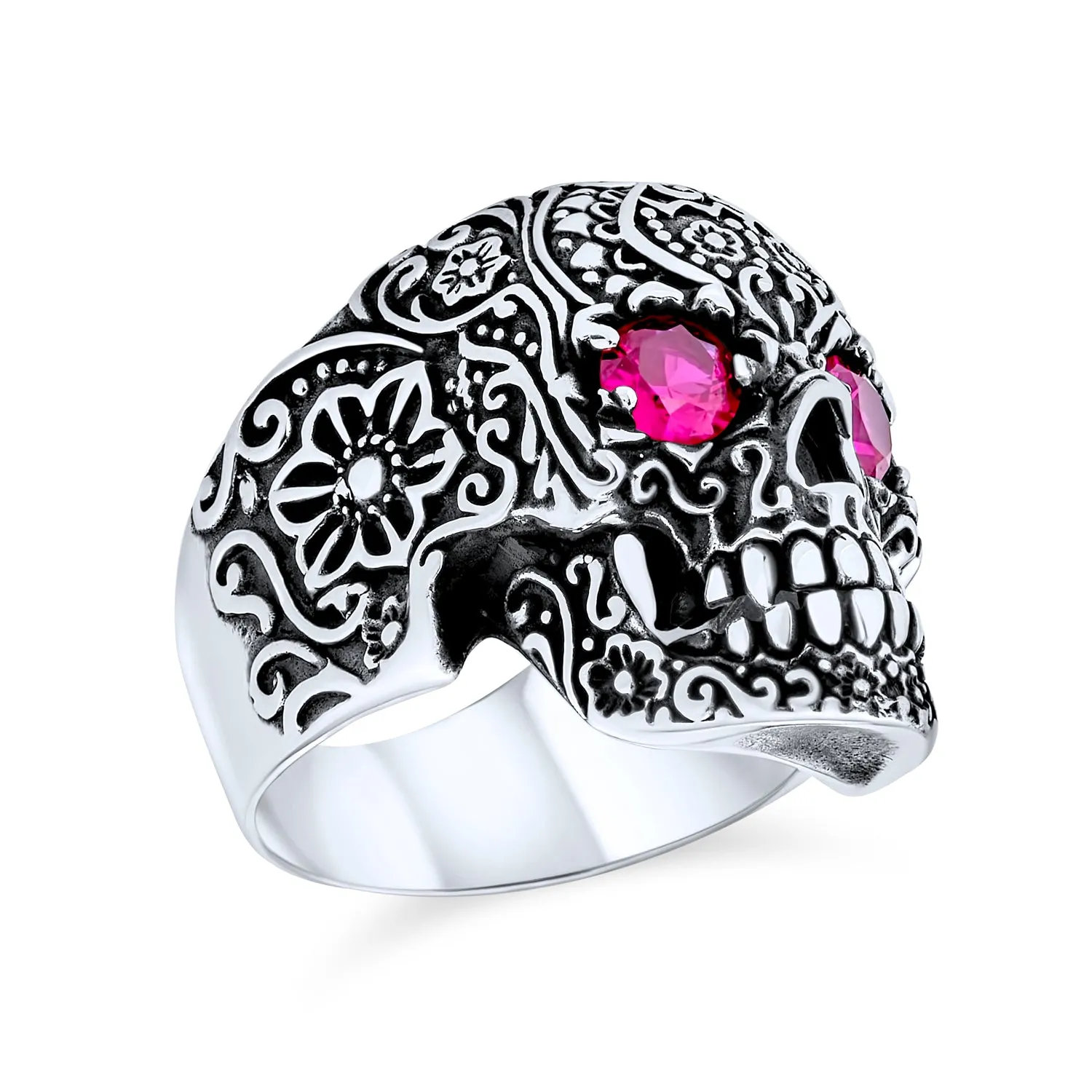 Mens Stainless Steel Punk Rocker Biker Skull Ring with Simulated Red Ruby CZ Eyes