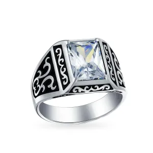 Mens Stainless Steel Viking Scroll Ring with Emerald Cut Cubic Zirconia Two Tone Silver