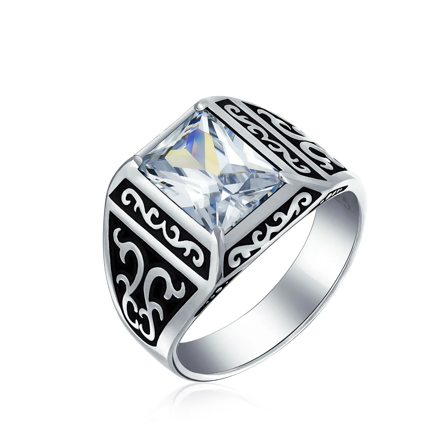 Mens Stainless Steel Viking Scroll Ring with Emerald Cut Cubic Zirconia Two Tone Silver