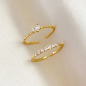 New Gold Color Heart Zircon Rings Set for Women Girls Adjustable Minimalism Luxury Twist Ring Fashion Jewelry Wedding Gifts