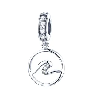 Ocean Wave Medallion Crystal Dangle Charm 925 Sterling Silver