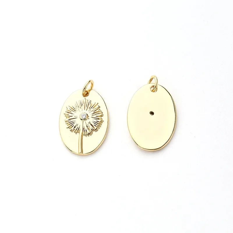 One Pack 13.5*19.5mm Hole 3~3.9mm Copper Zircon Gold Plated Oval Simple Dandelion Polished Pendant