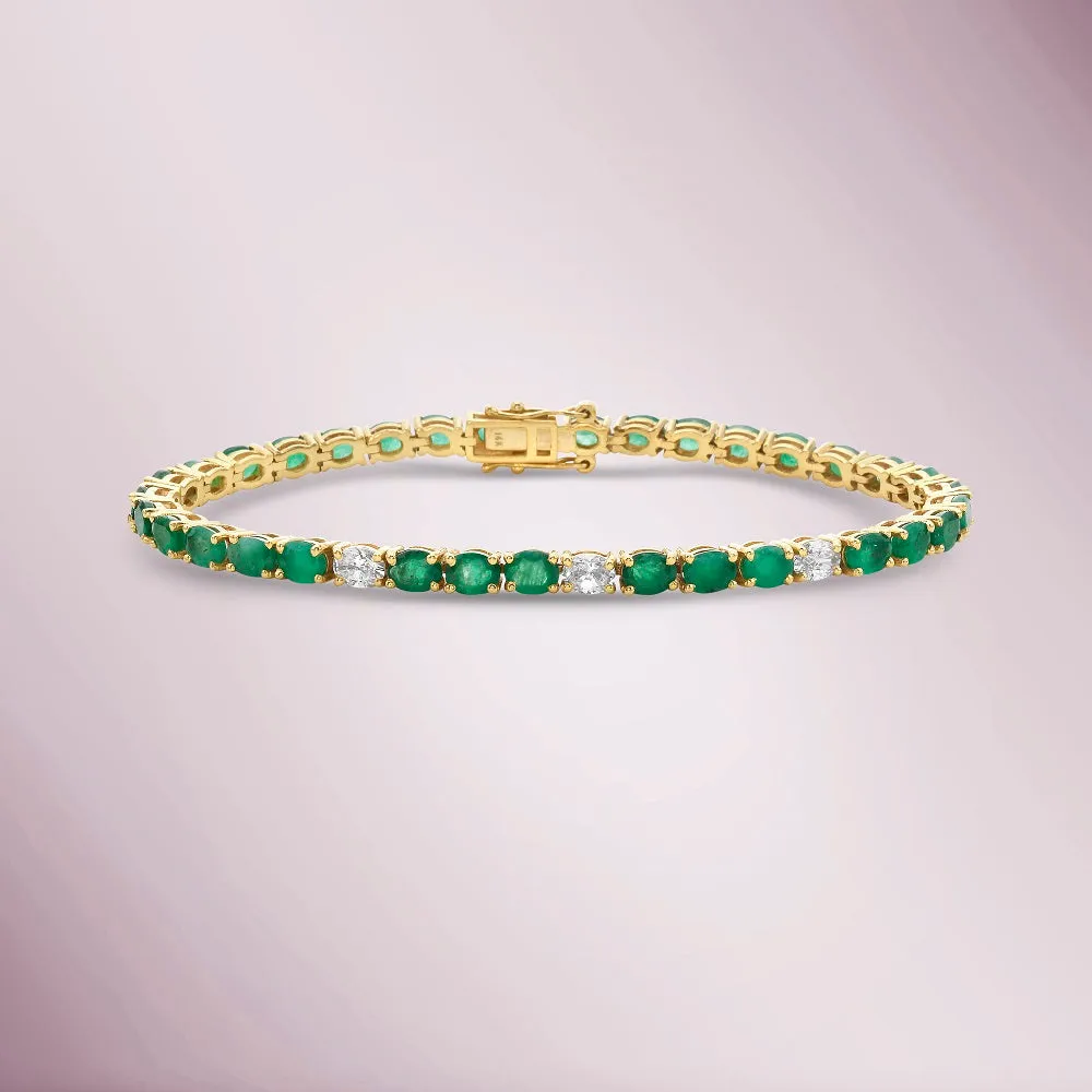 Oval Shape Emerald & Diamond Bracelet (7.40 ct.) 4-Prongs Setting in 14K Gold