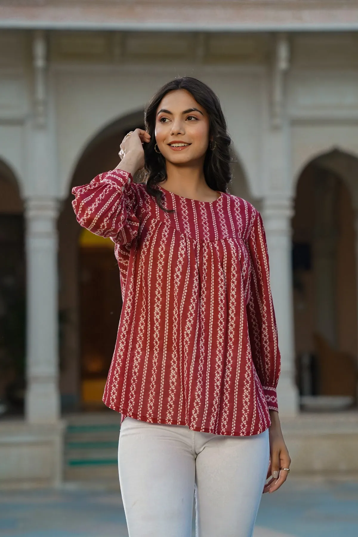 Parallel Chains on Maroon Short Kurti