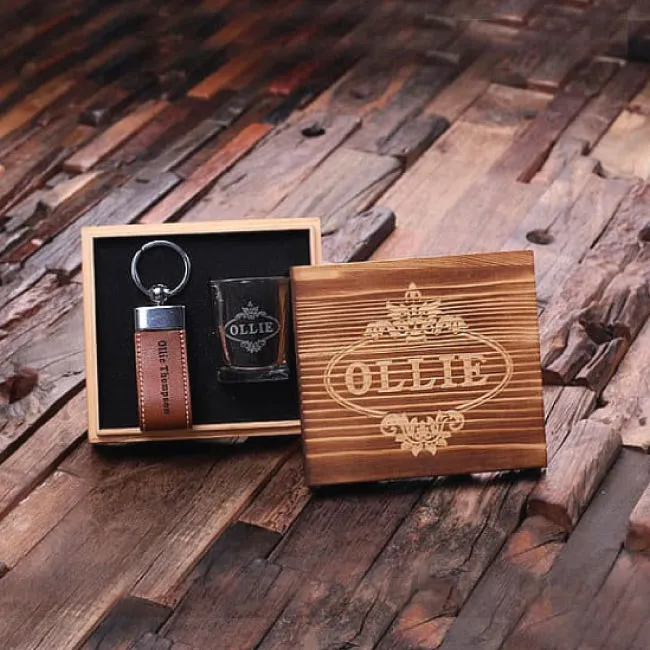 Personalized Engraved Groomsmen Shot Glass & Key Chain Set