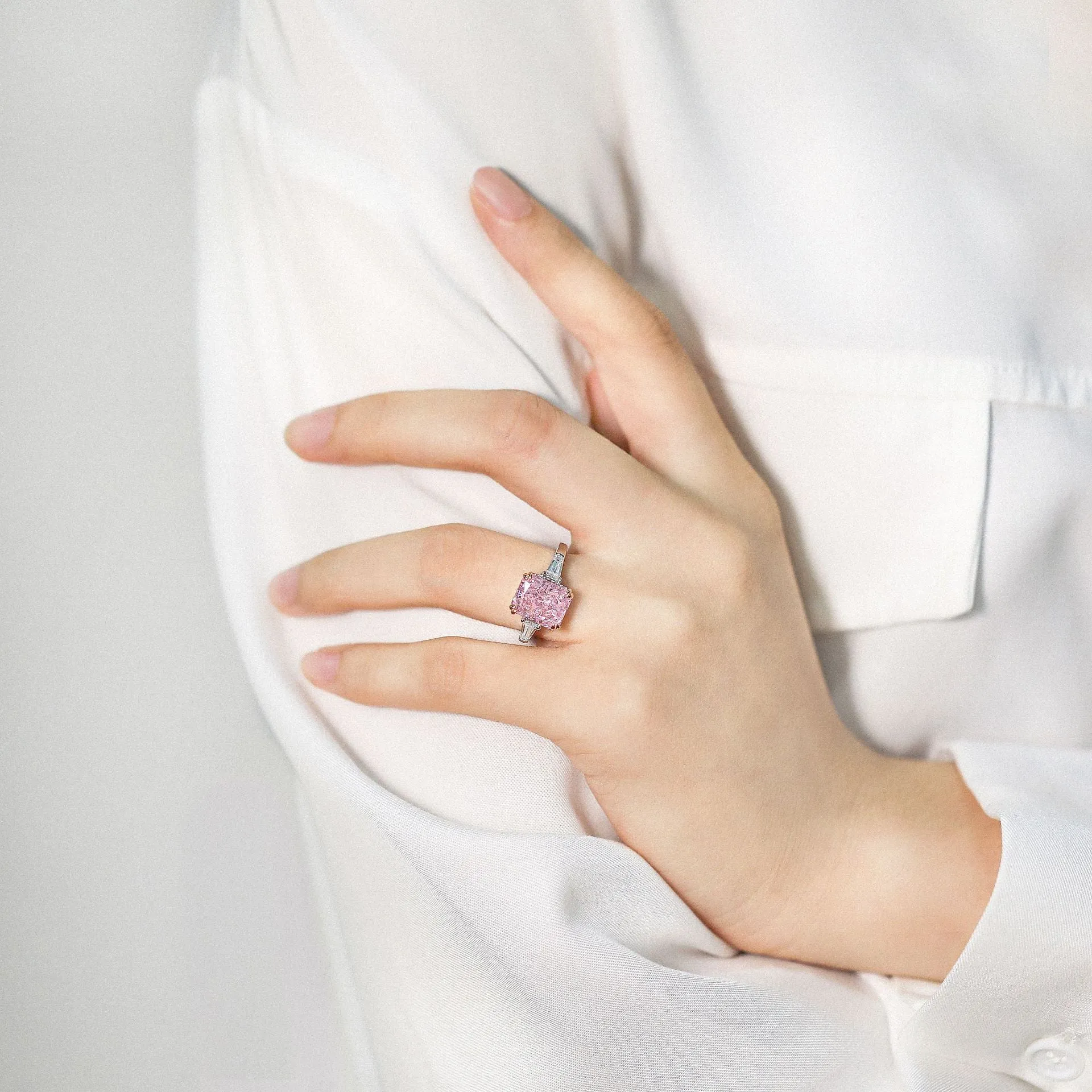 Pink Baguette Sterling Silver Ring