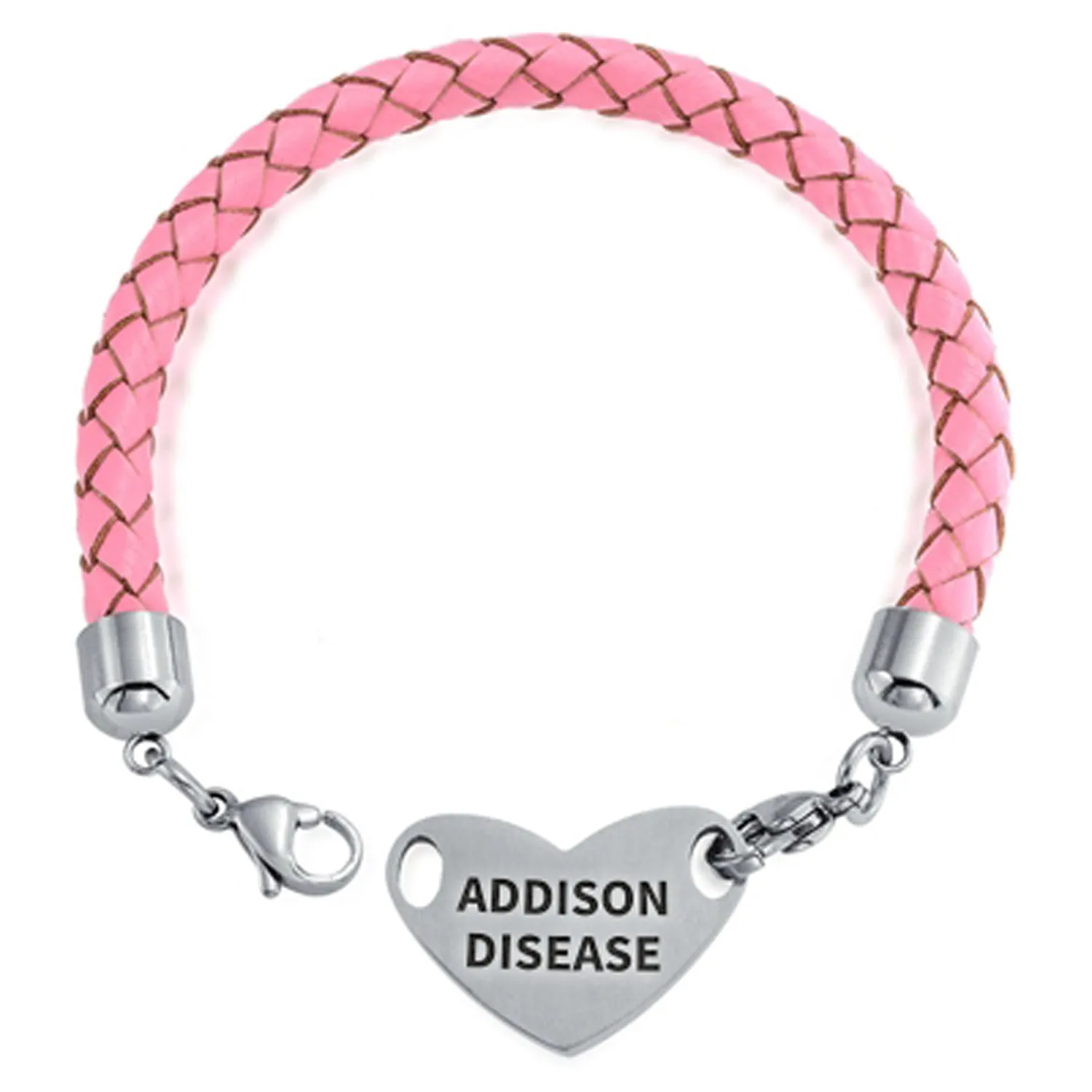 Pink Braided Leather Medical ID Bracelet with Stainless Steel Clasp