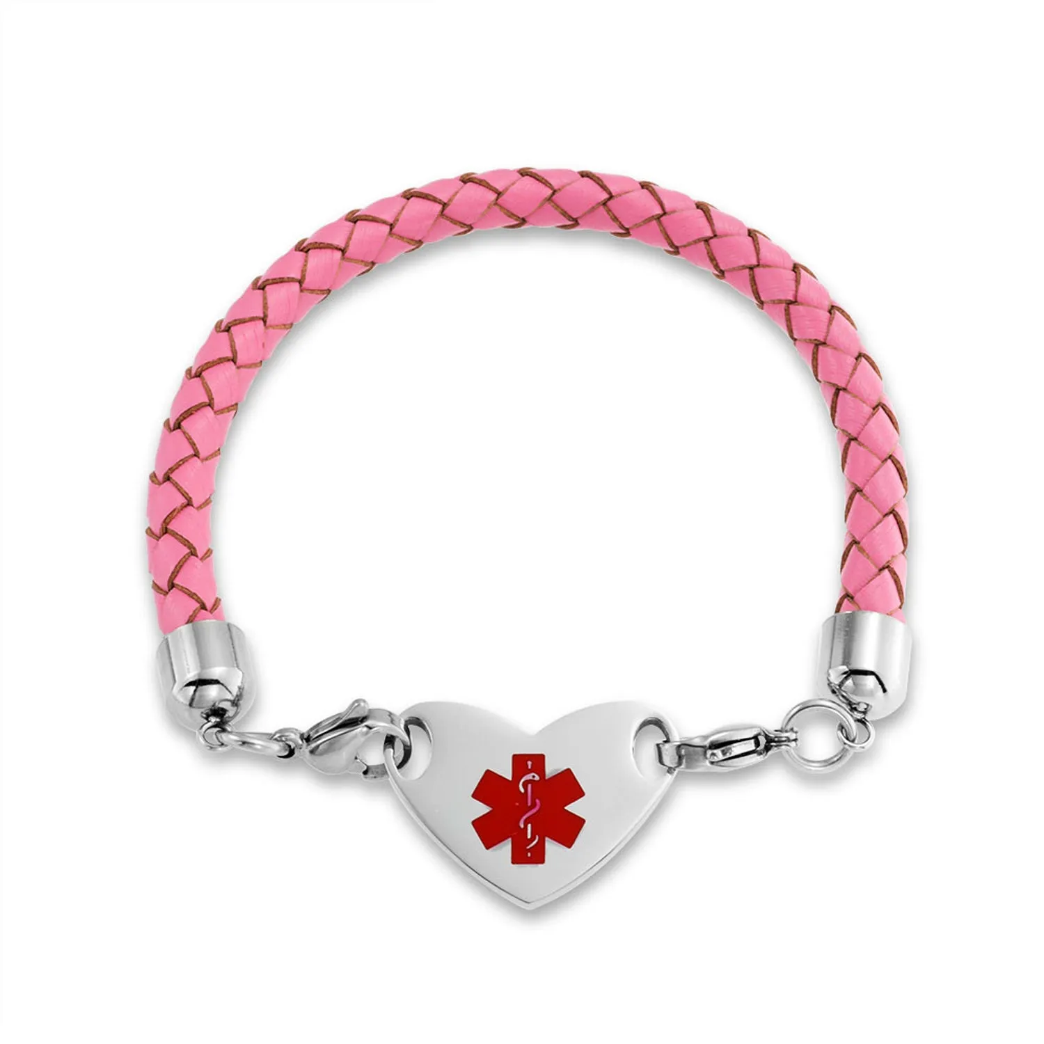 Pink Braided Leather Medical ID Bracelet with Stainless Steel Clasp