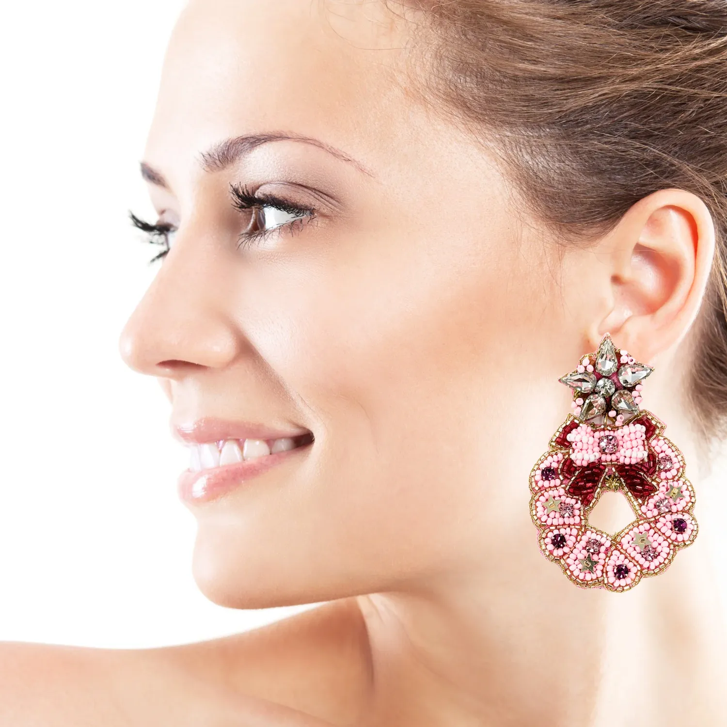 Pink Christmas Wreath Jeweled Earrings