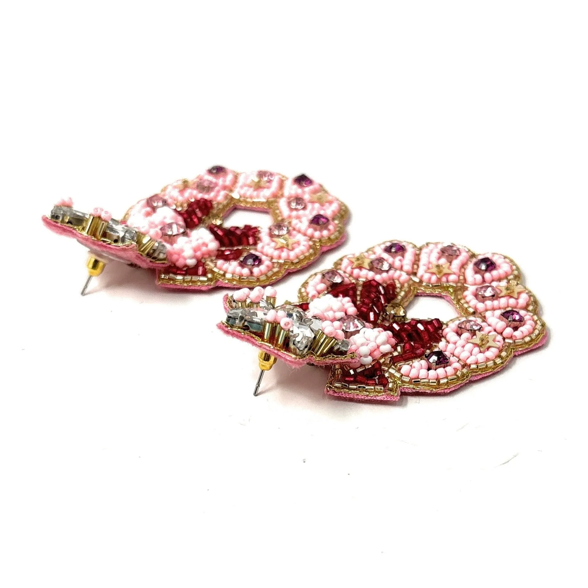 Pink Christmas Wreath Jeweled Earrings