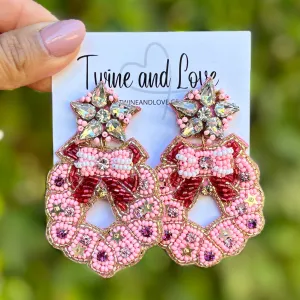 Pink Christmas Wreath Jeweled Earrings