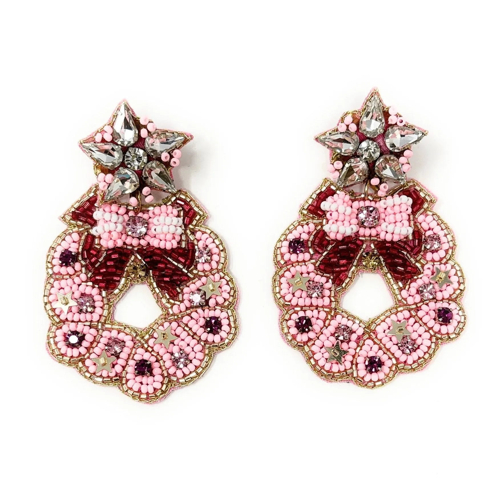 Pink Christmas Wreath Jeweled Earrings